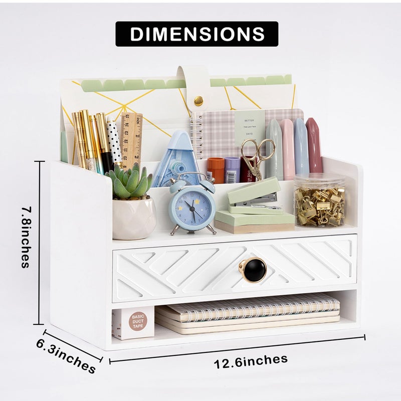 dreampossible white Wood Desk Organizer and Accessories with Drawer  Bill Mail Organizer and File Mail Holder for Office Supplies  Desk Accessories & Workspace Organizers for Desk Organization - Image 4
